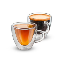 Two glass cups of tea and coffee isolated on white backgound