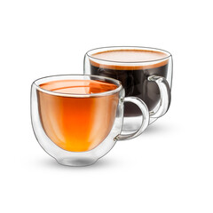 Two glass cups of tea and coffee isolated on white backgound