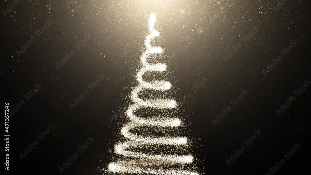 Poster animated christmas tree with golden particles. copy space animation background.