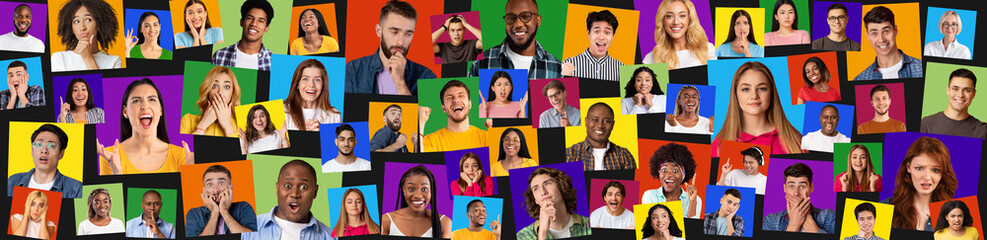 Fototapeta na wymiar Collection of angry, smiling, shocked and positive international young people on colorful backgrounds