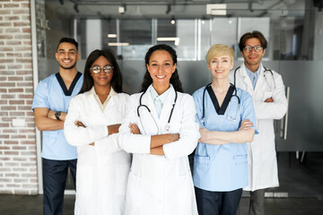 Multiracial team of newest modern clinic having breefing