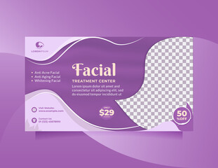 Horizontal template design for Facial Beauty Treatment Center banner promotion with beautiful purple color. Vector design concept of professional Beauty Clinic, hair spa, cosmetic sale, etc