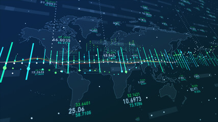 Trading Stock Market Digital World – futuristic finance background, global data visualization, abstract economy interface, technology-driven investment concept, digital chart animation