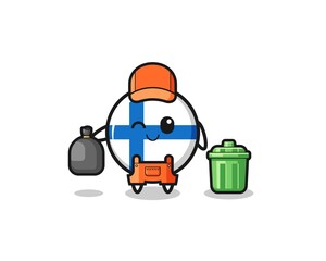 the mascot of cute finland flag as garbage collector