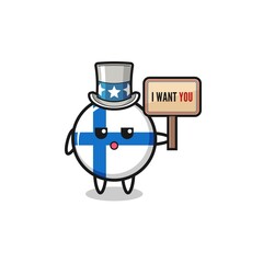finland flag cartoon as uncle Sam holding the banner I want you