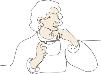 Continuous one line drawing of wishing a woman or a grandmother sit pensively with a cup of hot drink, tea, coffee. Pose of a woman in meditation. Relaxation time. Stay home. Vector illustration