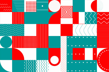 geometric background with red and turquoise shapes, elepsa, lines, squares, polygons