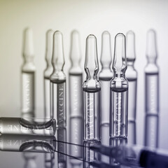 Laboratory. Development of a coronavirus vaccine. Ampoules with medicine. COVID 19. Macro photography, selective focus.