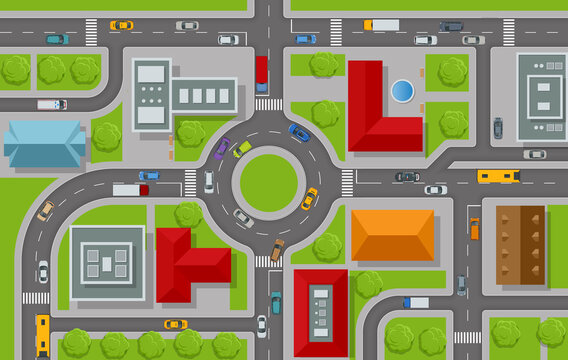 City top view. Cars, roads, houses, streets top view. View town infrastructure. Streets, houses, buildings, roads, crossroads, trees, cars.