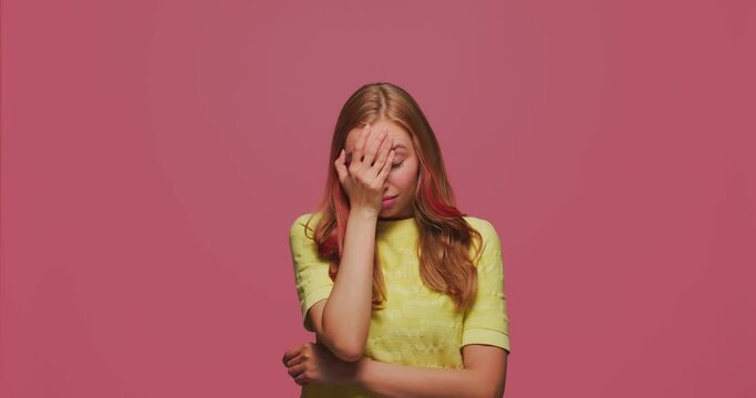 Facepalm gesture, shame emotion. Forgetful girl slap head with sorrow regret expression, blaming herself for mistake