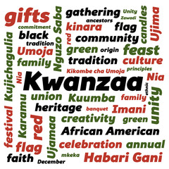 Kwanzaa word cloud. Vector illustration with principles and terms for Kwanzaa celebation - African American heritage holiday