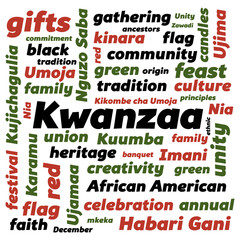 Fototapeta premium Kwanzaa word cloud. Vector illustration with principles and terms for Kwanzaa celebation - African American heritage holiday