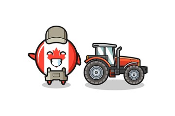the canada flag farmer mascot standing beside a tractor