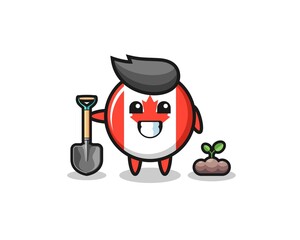 cute canada flag cartoon is planting a tree seed