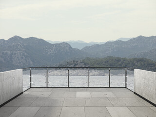 View from the balcony to the sea and mountains.Landscape. Sunny Day. Terrace with a beautiful view....