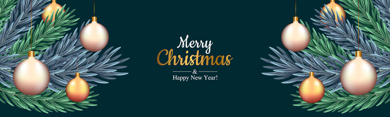 Merry Christmas and Happy New Year banner. Abstract background with glow. Modern design of elegant shapes of Christmas balls and branches of the Christmas tree. New Year card. Template vector 