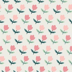 Seamless vector floral pattern in cartoon style. Buds, leaves on green background. Abstract modern trendy vector illustration for fabric print,  wallpaper, wrapping paper, etc.