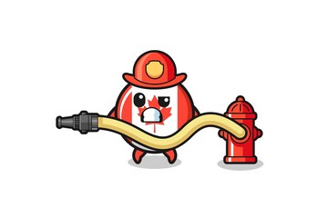 canada flag cartoon as firefighter mascot with water hose