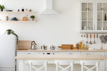 Modern kitchen with refrigerator, furniture, dishes and accessories in minimalist interior
