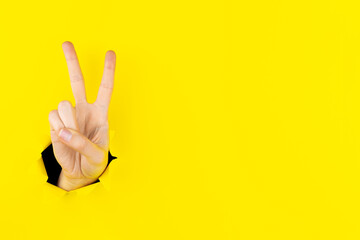 Woman hand showing number gesture isolated over pastel yellow background in studio. Copy space for advertisement. With place for text or image, promotional content. 