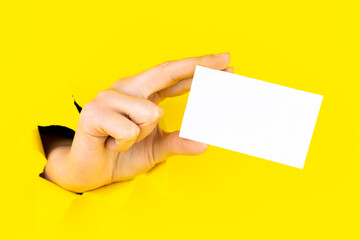 Female hand is holding, giving blank empty white paper card in torn yellow paper hole background. Breaking on, breakthrough. Ticket, flyer, invitation, greeting, coupon, template concept. Copyspace.