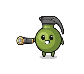grenade mascot holding flashlight