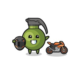 cute grenade cartoon as a motorcycle racer