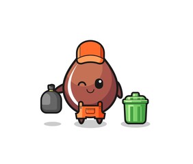 the mascot of cute chocolate drop as garbage collector