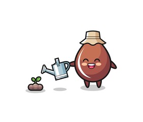 cute chocolate drop is watering plant seeds
