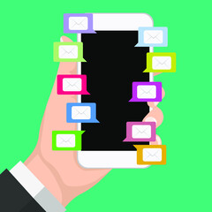 mail message on cell phone notice or voice chat bubble recording bubble speech on person man hand  screen flat cartoon illustration, idea of smartphone audio chatting or mail speak
