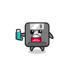 floppy disk mascot having asthma while holding the inhaler