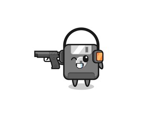 illustration of floppy disk cartoon doing shooting range