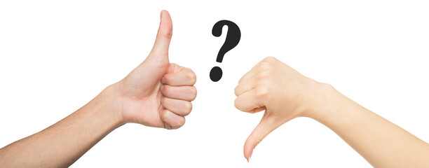 Hands of young european man and woman show gesture, top question mark