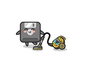 cute floppy disk holding vacuum cleaner illustration