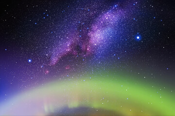 Night starry sky. Milky Way and Northern lights. Green aurora borealis