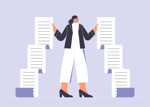 Business woman in a suit holding a long sheet of paper. Businesswoman with a big checklist, to do list, document with tasks. Busy female person concept. Isolated flat vector illustration