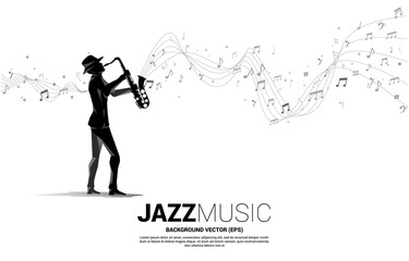 Vector silhouette of saxophonist with music melody note dancing flow . Concept background for jazz music concert and recreation. - obrazy, fototapety, plakaty