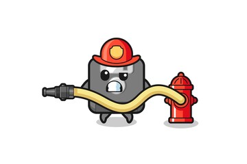 floppy disk cartoon as firefighter mascot with water hose