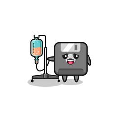 cute floppy disk character standing with infusion pole