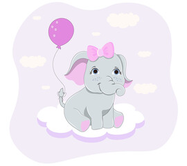 Baby elephant with balloon concept. Cute wild animal with bow sits on cloud and looks up. Smiling children character. Design element for printing for baby clothes. Cartoon flat vector illustration