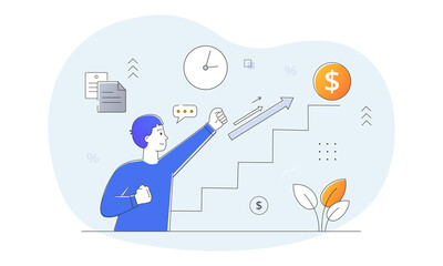 Successful business development concept. Young man develops strategy for achieving success. Career growth of employee. Character climbs ladder to wealth and money. Cartoon flat vector illustration
