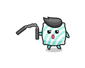 cartoon of pillow using nunchaku