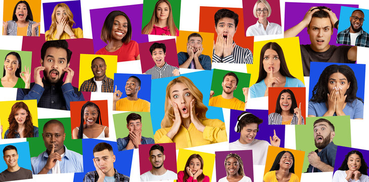 Portraits of shocked, successful and confident guys and ladies with different facial expressions
