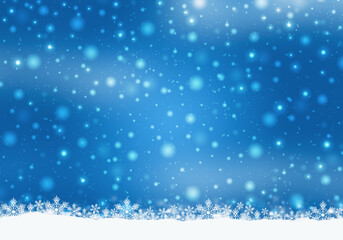 Winter holidays background with snow on the ground and heavy snow. Blue Christmas card design.