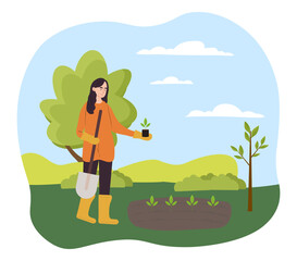 Work in garden concept. Young woman with shovel in her hands planting sprouts with green leaves. Female character grows vegetables, fruits and flowers. Cartoon modern flat vector illustration