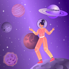 Astronaut and galaxy concept. Young woman in spacesuit travels in open space. Female character surrounded by planets, stars and comets. Person walks on moon. Cartoon flat vector illustration