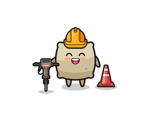 Fototapeta premium road worker mascot of sack holding drill machine