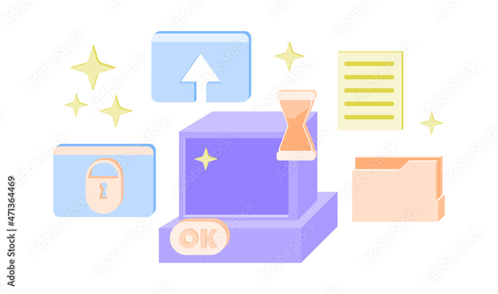 Aufkleber retro user interface elements. colorful stickers with folder, document, monitor, upload and authoriz