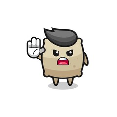 sack character doing stop gesture