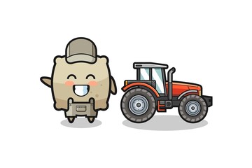 the sack farmer mascot standing beside a tractor